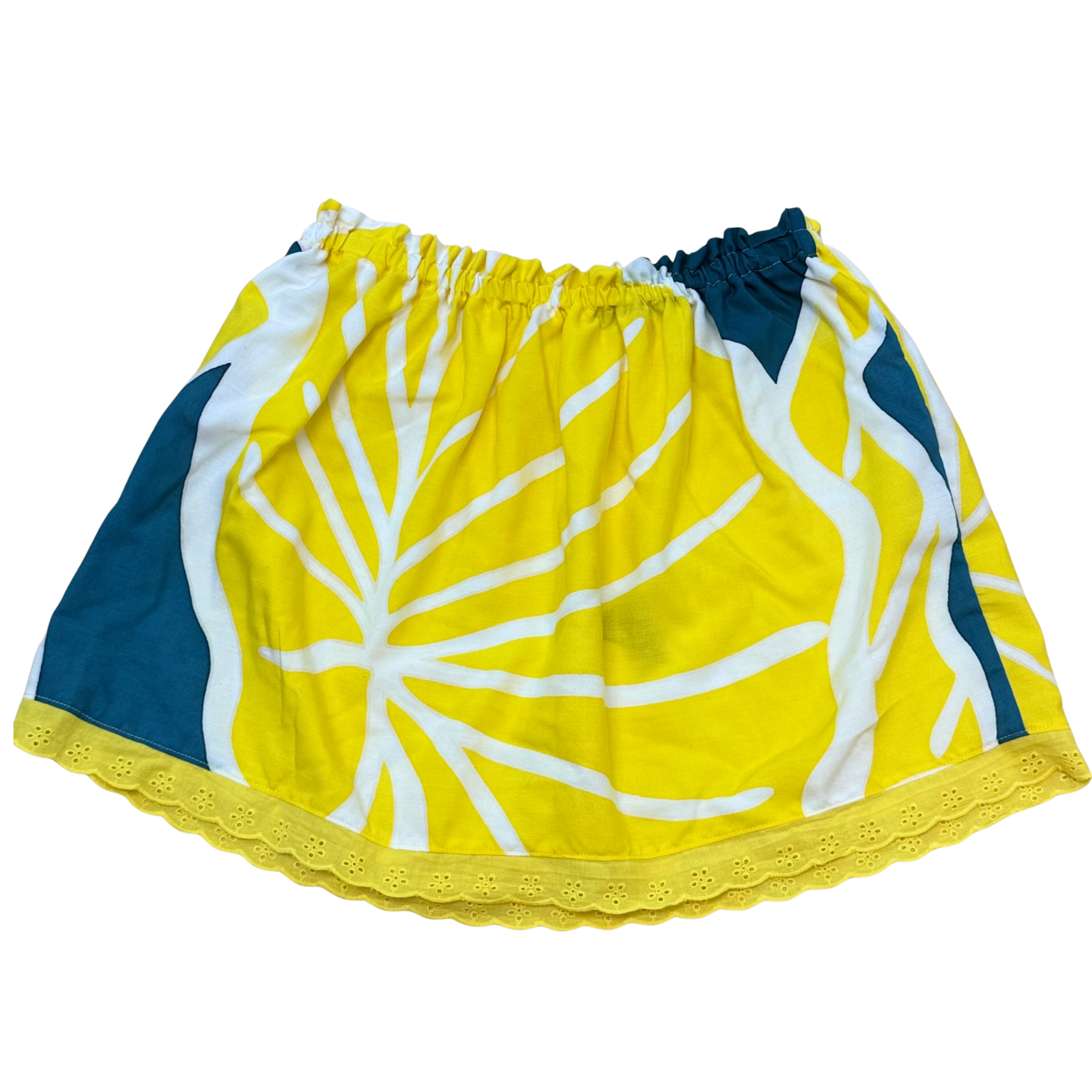 Ginger Leong Made in Hawaii Hula Iki Top-Small/Med-Yellow Leaf with Teal/Yellow Lace