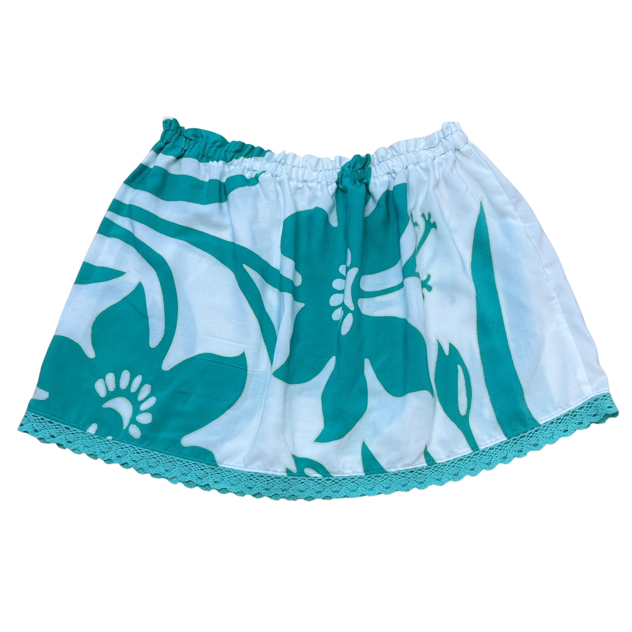 Ginger Leong Made in Hawaii Hula Iki Top-Small/Med-White with Seafoam Flowers/Seafoam Lace