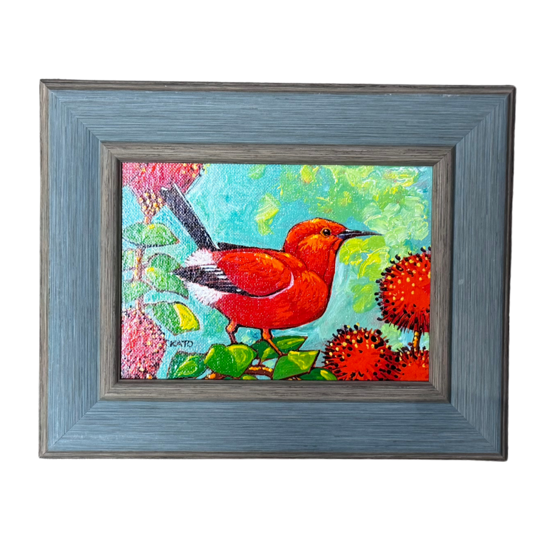 Gary Kato ʻApapane – 5x7 Framed Original Acrylic Painting by Gary Kato