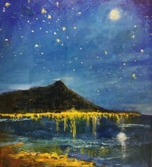 Ed Furuike Diamond Head, Starry Night – Framed Original Palette Knife Oil Painting by Ed Furuike (16×20)
