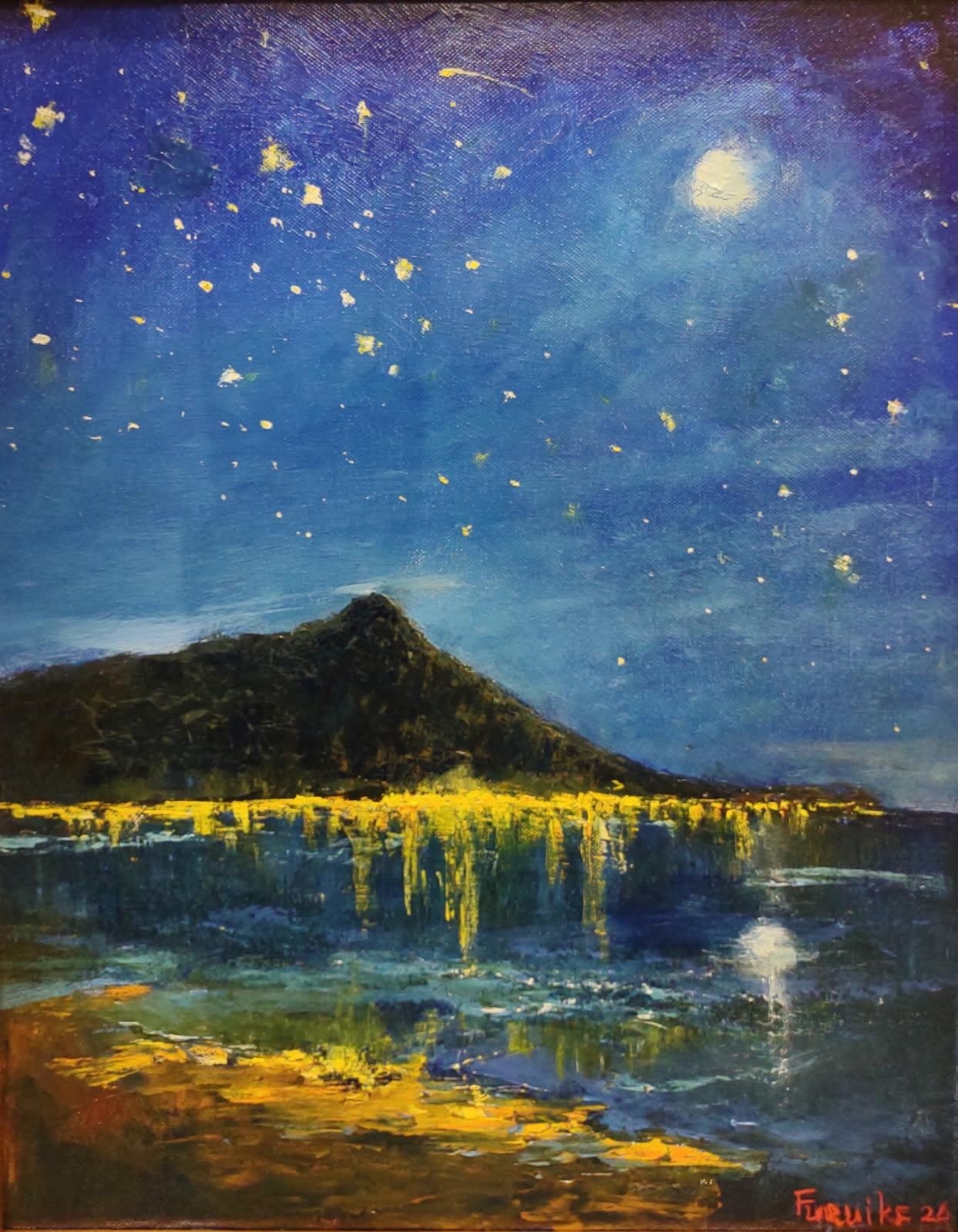 Ed Furuike Diamond Head, Starry Night – Framed Original Palette Knife Oil Painting by Ed Furuike (16×20)