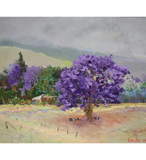Ed Furuike Under the Jacaranda Tree, Upcountry Makawao, a 16X20 Framed Original Palette Knife Oil Painting