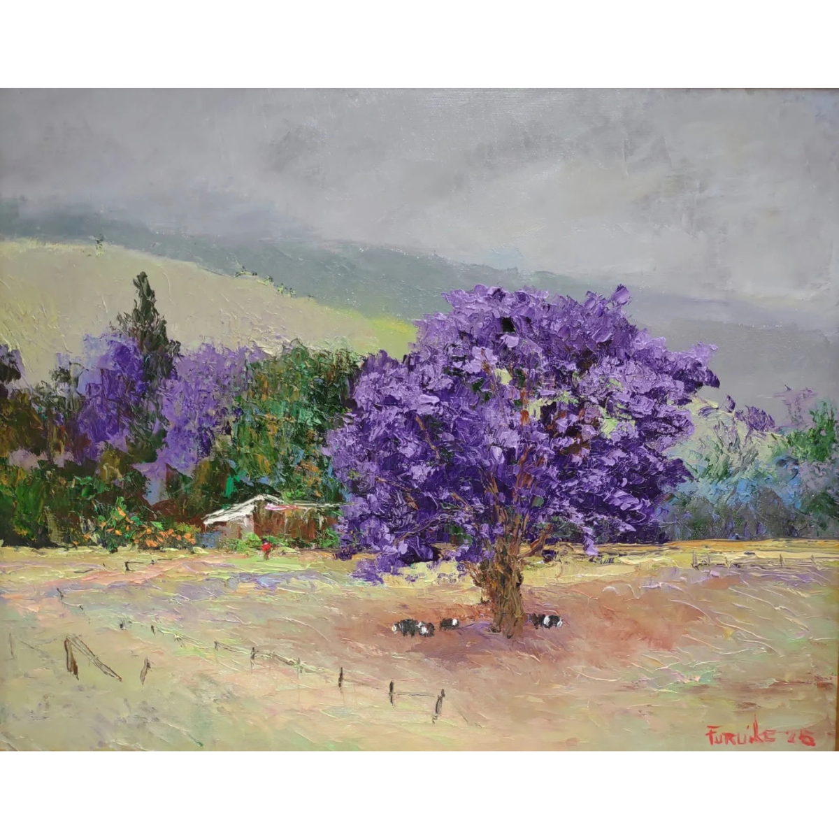 Ed Furuike Under the Jacaranda Tree, Upcountry Makawao, a 16X20 Framed Original Palette Knife Oil Painting