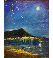 Ed Furuike Diamond Head, Starry Night – Framed Original Palette Knife Oil Painting by Ed Furuike (16×20)