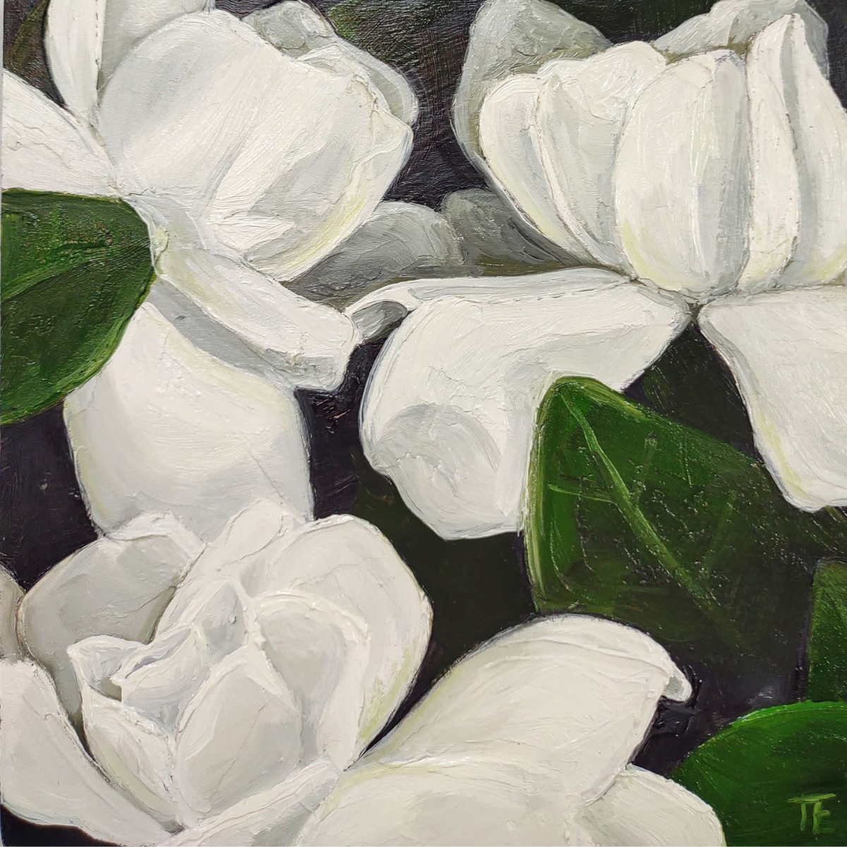 Teresa Field GARDENIAS AT NIGHT II,  8X8 ORIGINAL OIL ON CRADLED WOOD PANEL