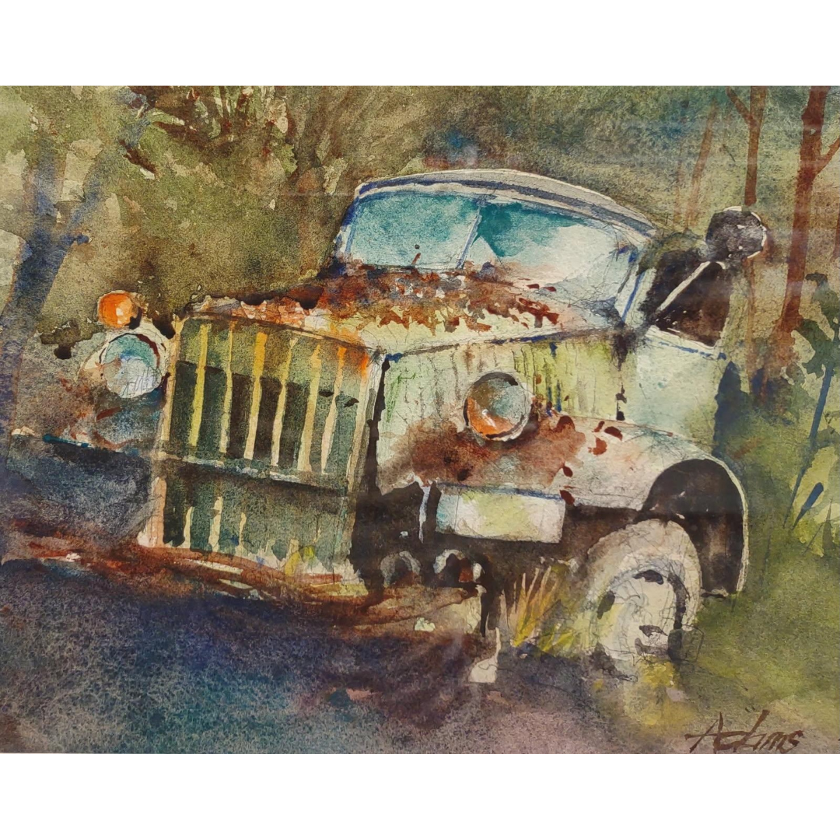 Dwayne Adams Upcountry Taxi – Framed Original Watercolor by Dwayne Adams (14×16.5)