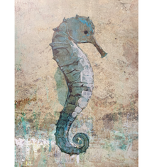 John Baran BLUE SEA HORSE, 9X12 PRINT ON WOOD
