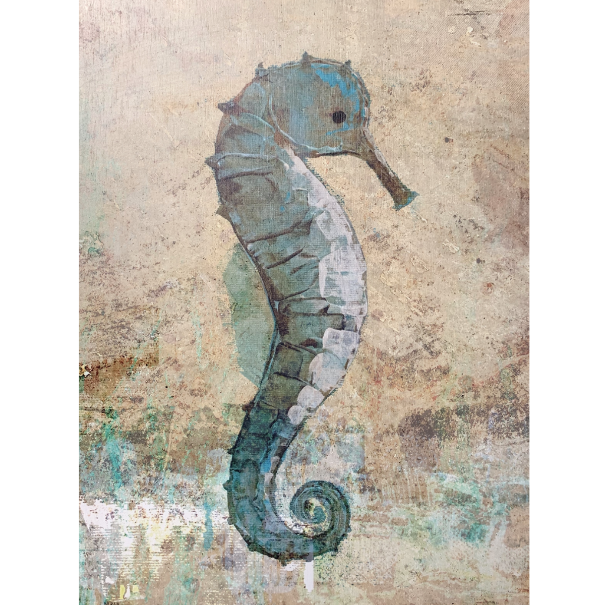 John Baran BLUE SEA HORSE, 9X12 PRINT ON WOOD