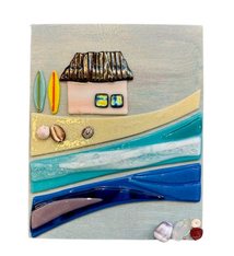 Shelly Batha Surf Shack, 8x10 Fused Glass on Wood Panel