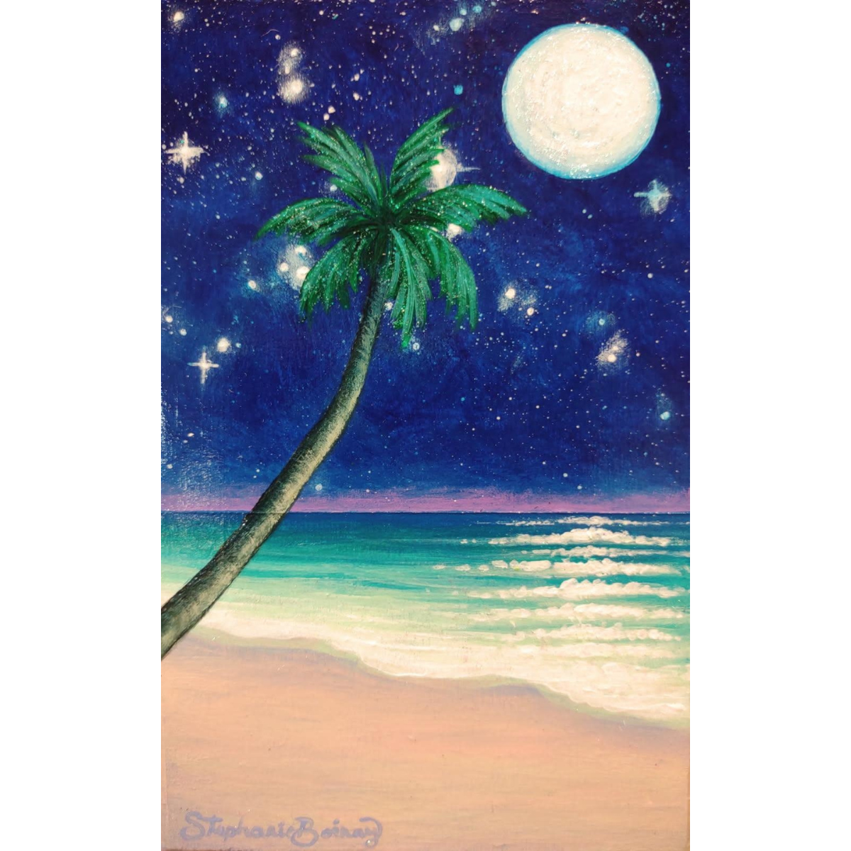 Stephanie Boinay MOONLIGHT PALM BEACH, 3.25X5 ORIGINAL ACRYLIC PAINTING ON WOOD PANEL