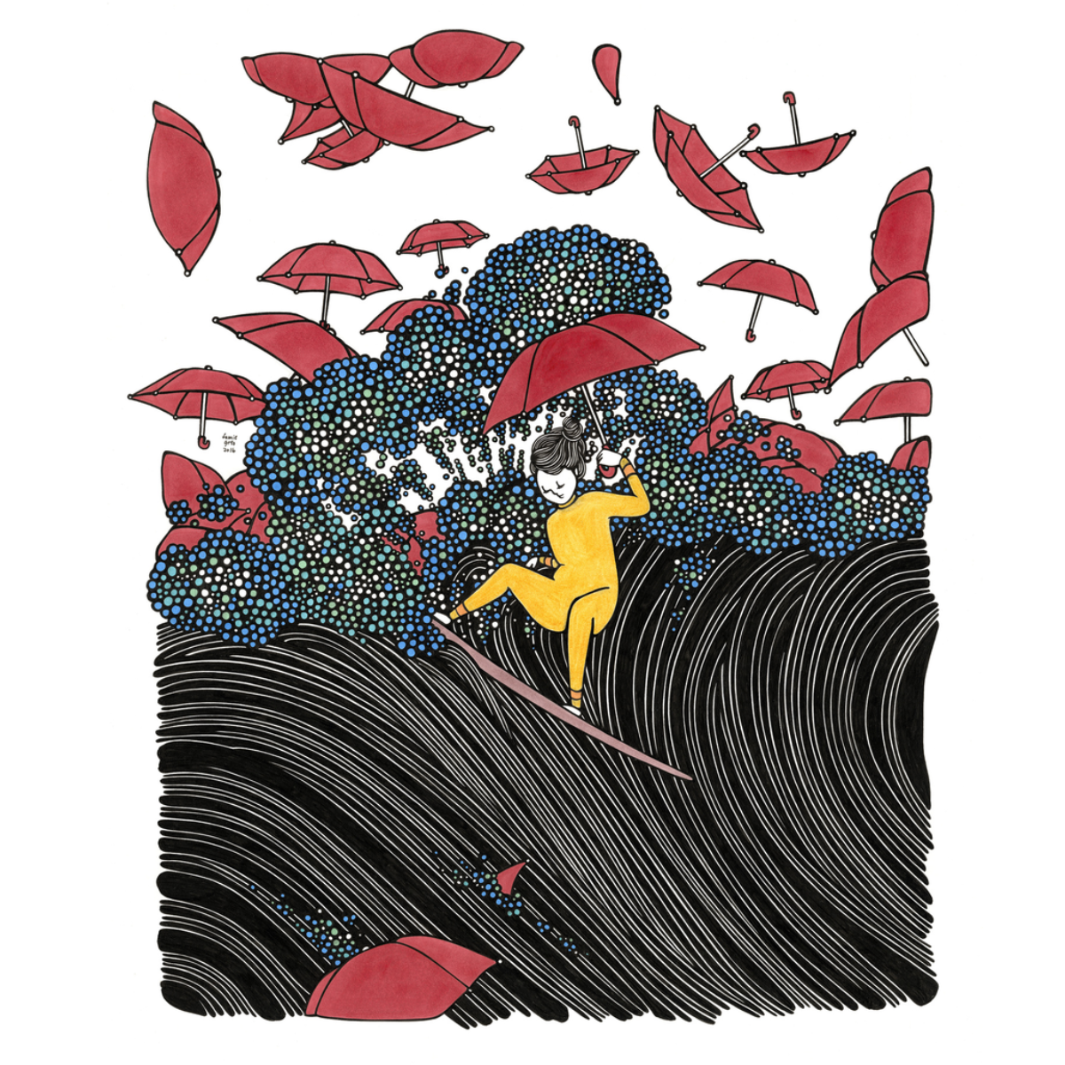 Kris Goto Umbrellas Whirl, 11”x14” Matted Art Print