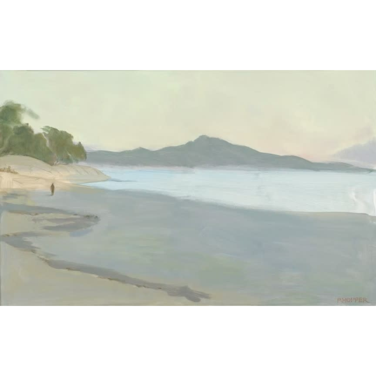 Pegge Hopper KAILUA TOWARDS MOKAPU, FRAMED AND MATTED PRINT ON PAPER WITH LIGHT COLORED WOOD FRAME (25X36.5)