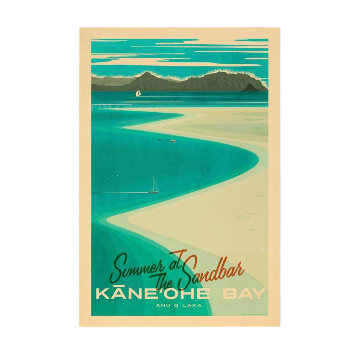 Nick Kuchar Kaneohe Sandbar Oahu 12×18 Retro Print by Nick Kuchar