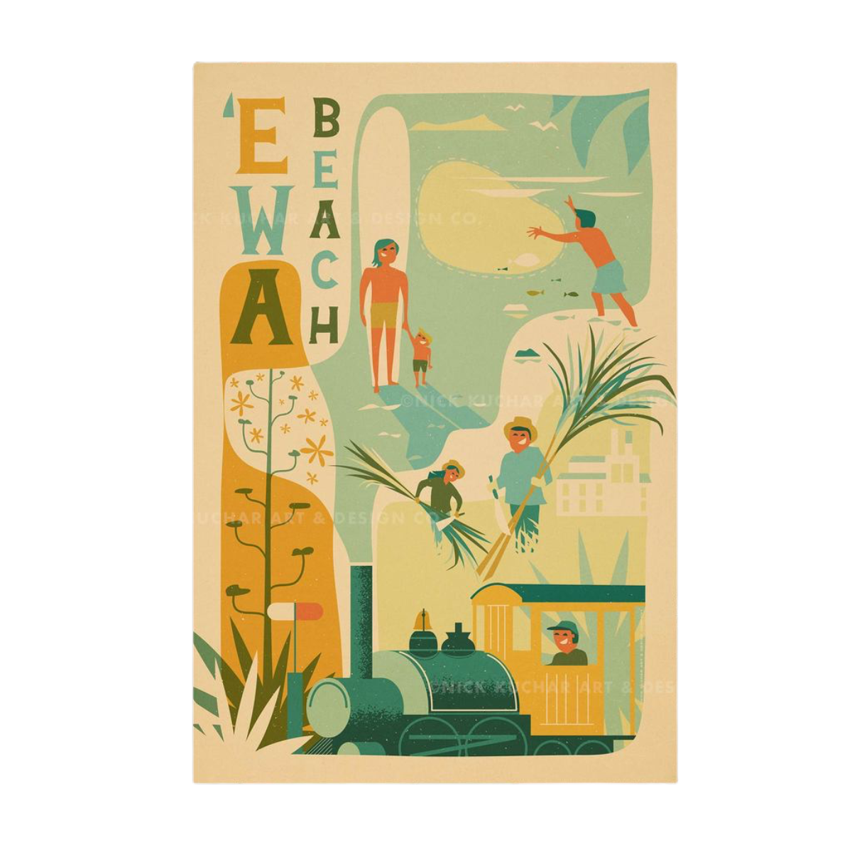 Nick Kuchar 12X18 RETRO TRAVEL PRINT: EWA BEACH