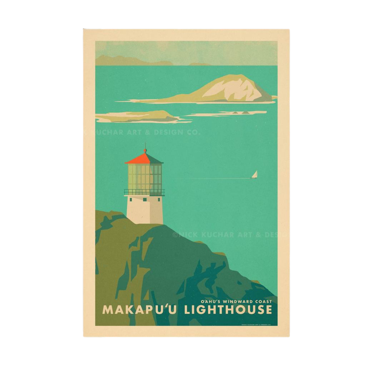 Nick Kuchar 12X18 RETRO TRAVEL PRINT: MAKAPUU LIGHTHOUSE, OAHU