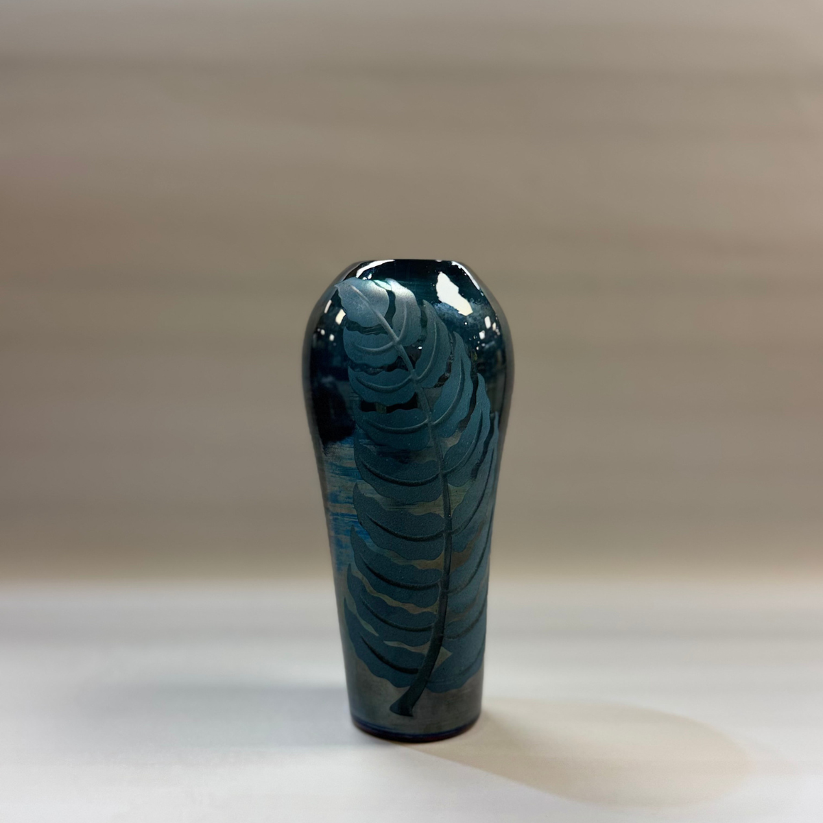 Heather Mettler TALL BLUE IRIDISED VASE WITH ETCHED FERN