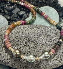 Magnolia Designs 19" Multicolor Tourmaline Necklace with 3 Tahitian Pearls – Handmade Gold Fill Jewelry from Hawai‘i