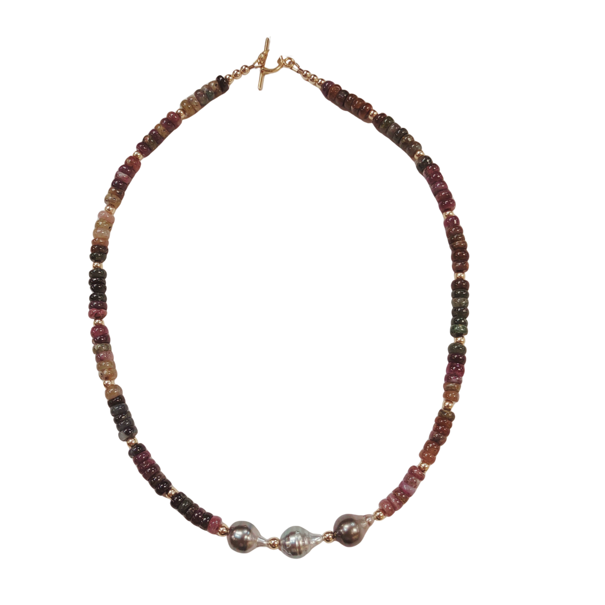 Magnolia Designs 19" Multicolor Tourmaline Necklace with 3 Tahitian Pearls – Handmade Gold Fill Jewelry from Hawai‘i