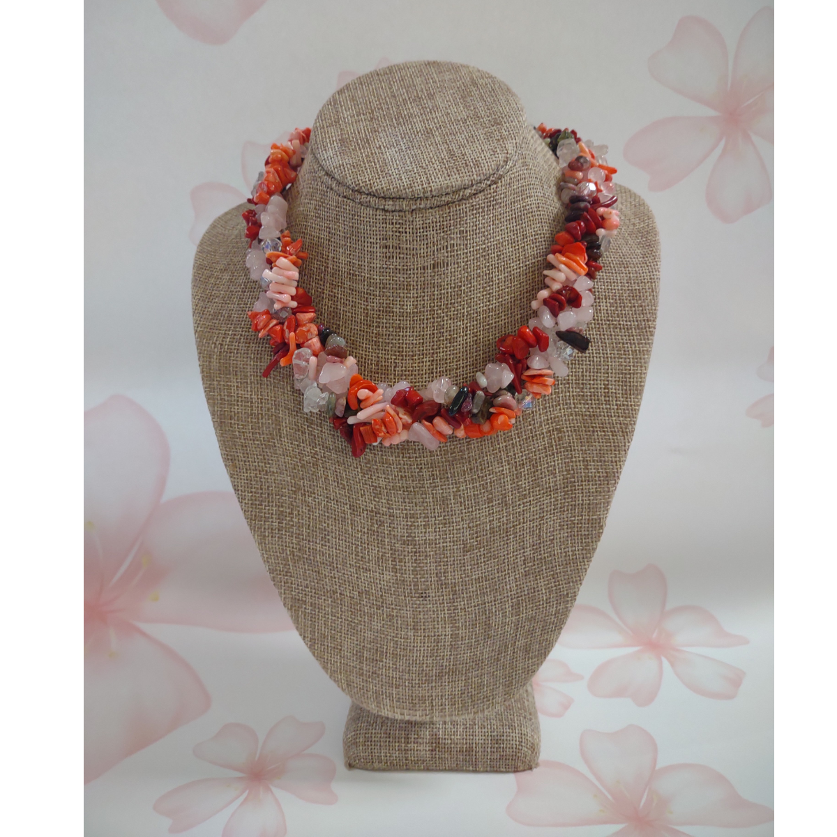 Beverly Creamer BBJ2-Necklace-triple strand pinks and oranges