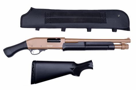 CHURCHILL CHURCHILL 612 TORSO PUMP SHOTGUN, 12 GA, 3", 15" BARREL, W/ PISTOL GRIP & SCABBARD, BROWN