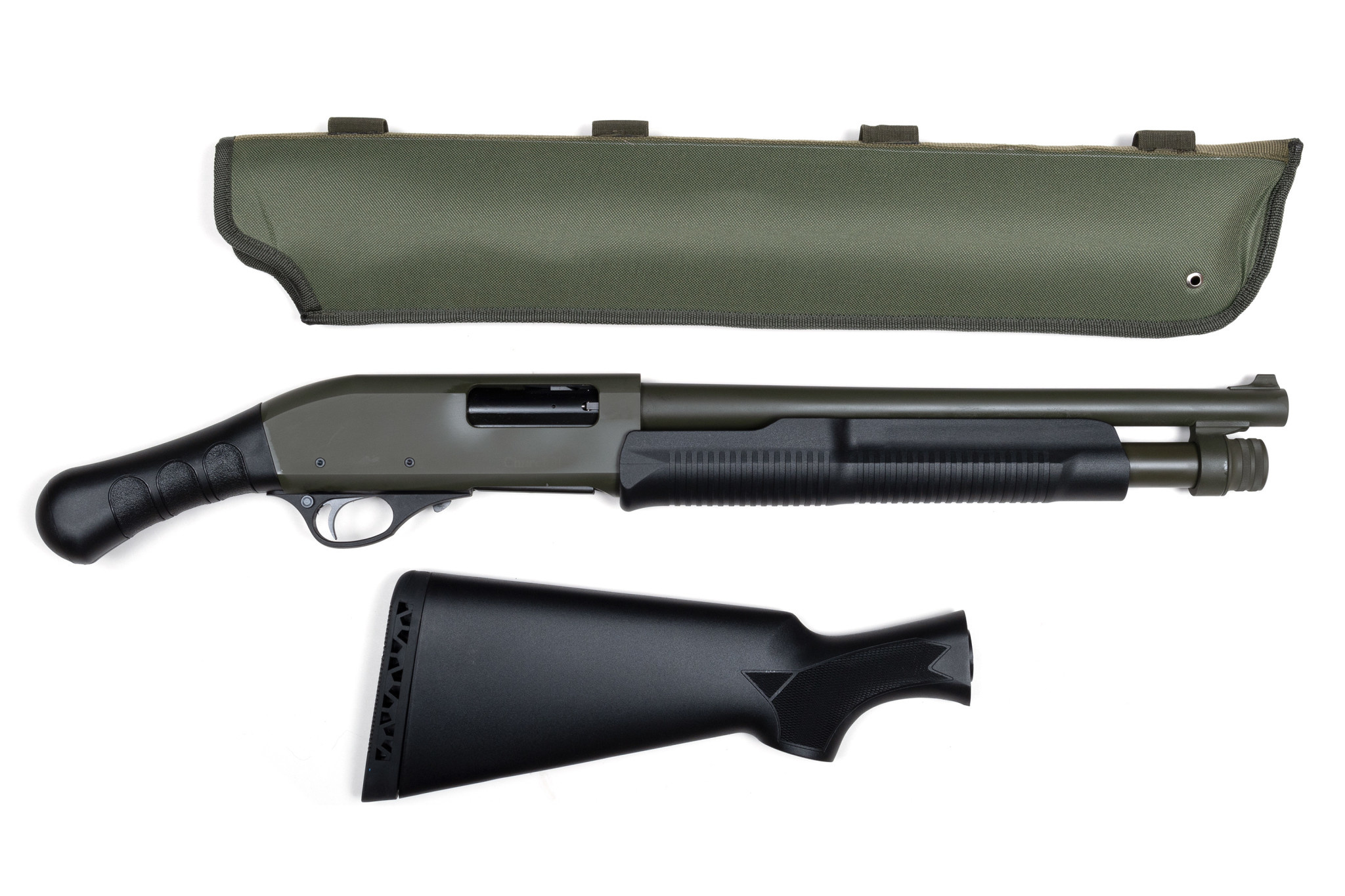 CHURCHILL CHURCHILL 612 TORSO PUMP SHOTGUN, 12GA, 3”, 15” BARREL, W/ PISTOL GRIP & SCABBARD, OD GREEN