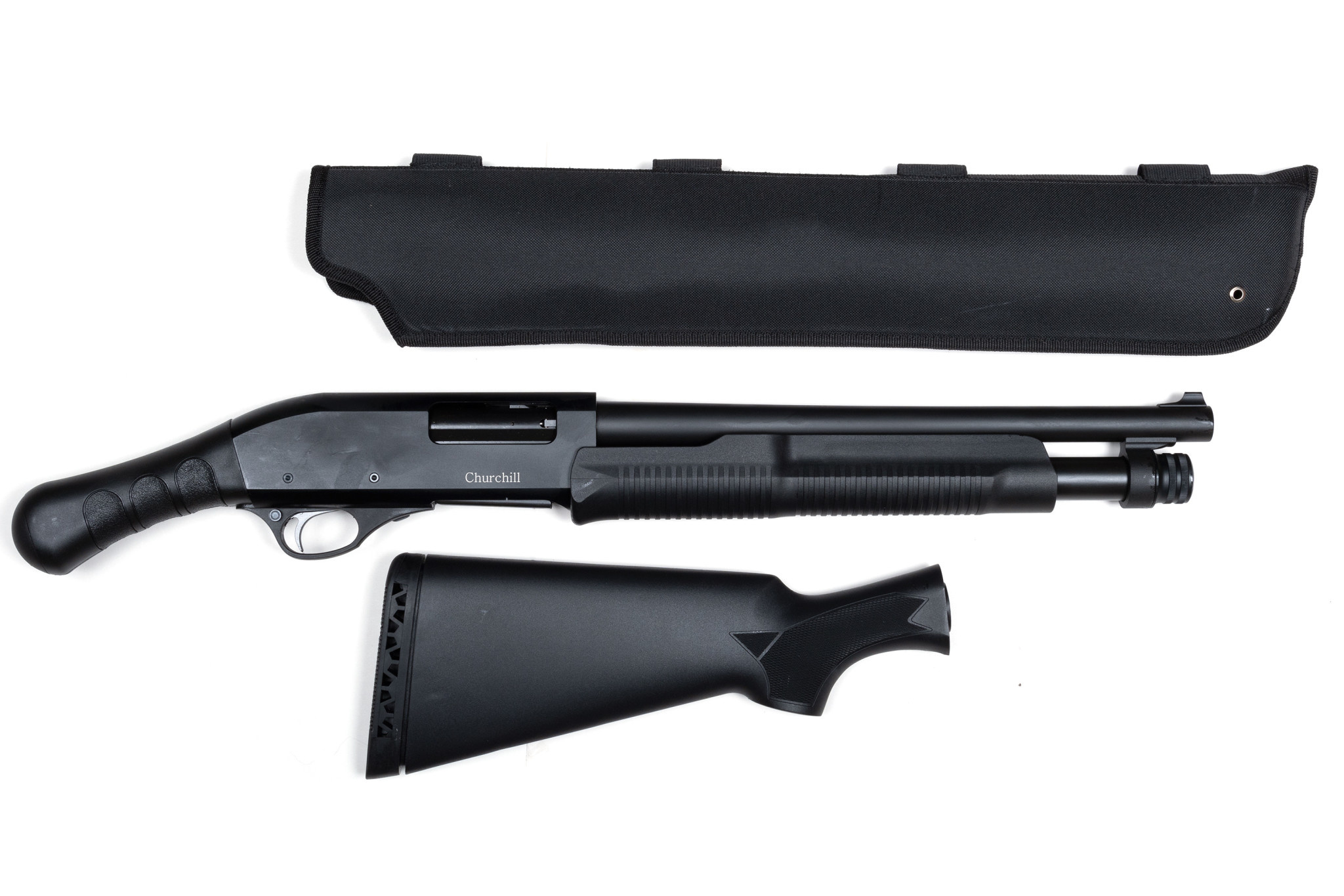 CHURCHILL CHURCHILL 612 TORSO PUMP SHOTGUN, 12 GA, 3", 15" BARREL, W/ PISTOL GRIP & SCABBARD, BLACK