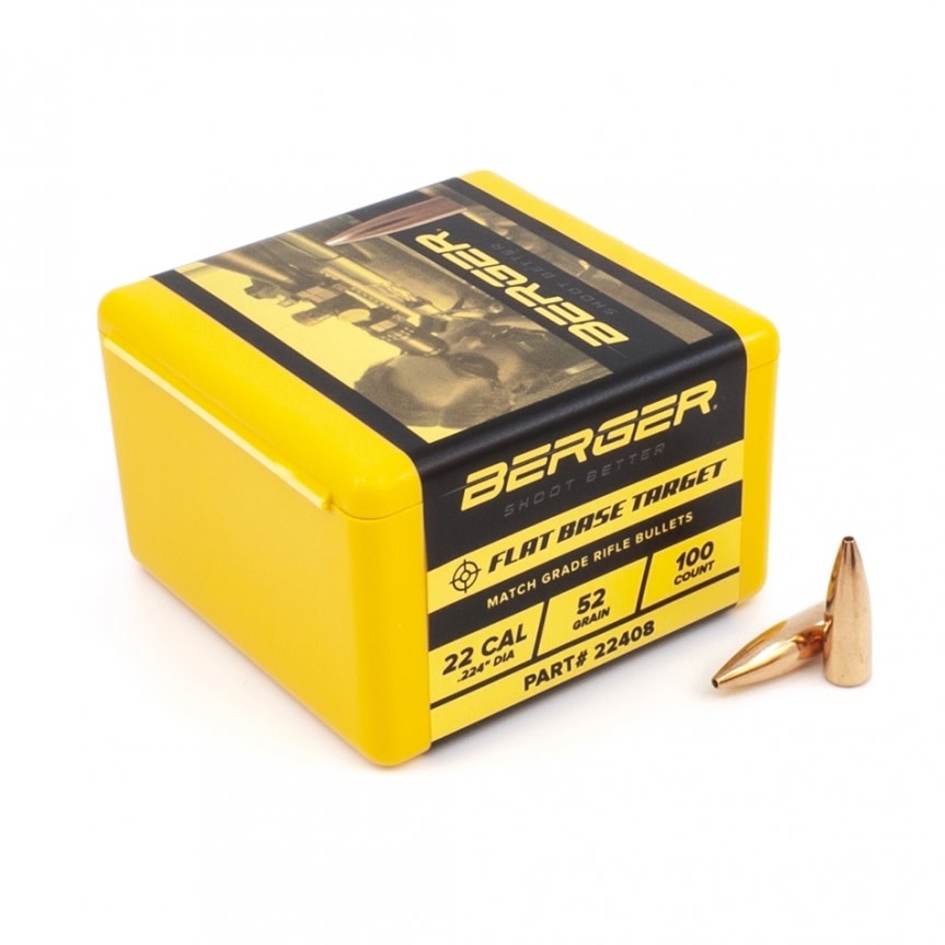 BERGER BERGER MATCH TARGET BULLETS, .224", 52GR, 100 PACK