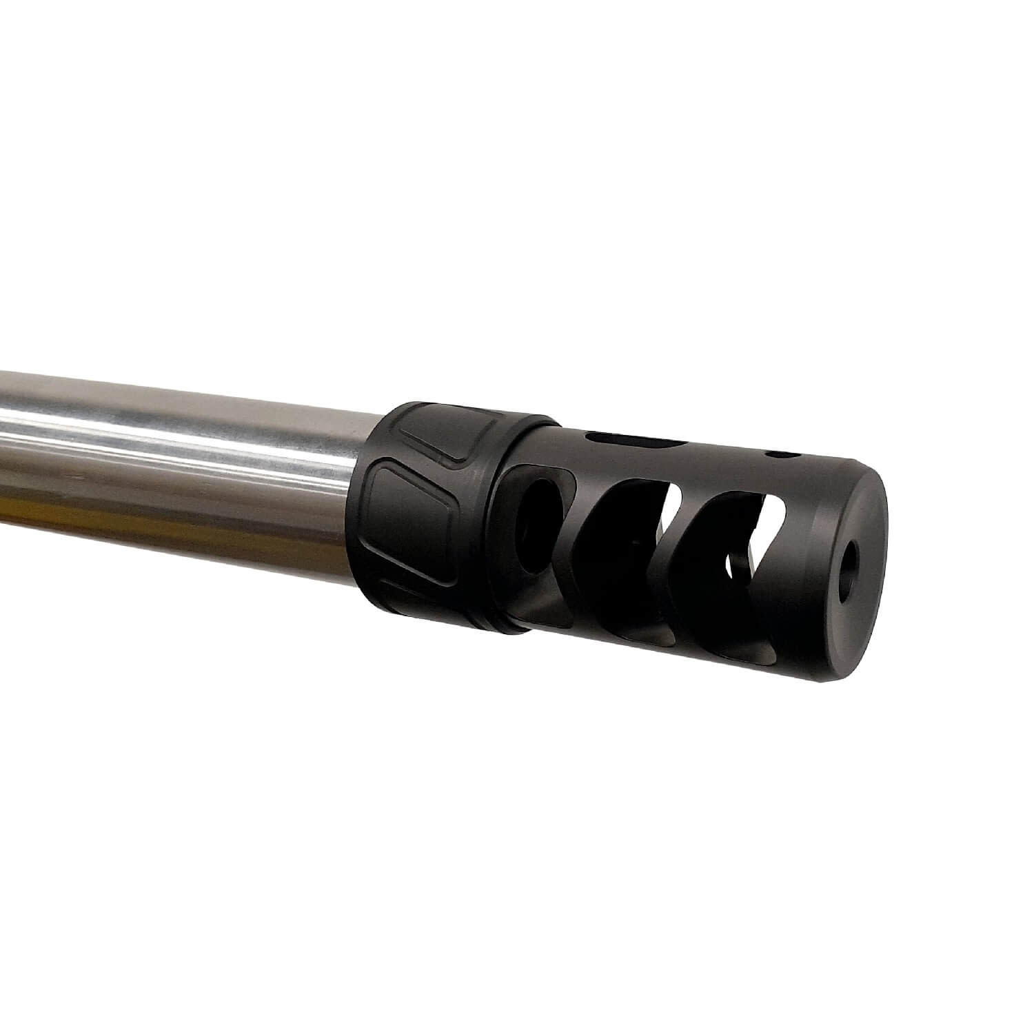 SPEARHEAD MACHINE 3 PORT SELF TIMING MUZZLE BRAKE, 1/2-20, 22/6MM, BLACK NITRIDE