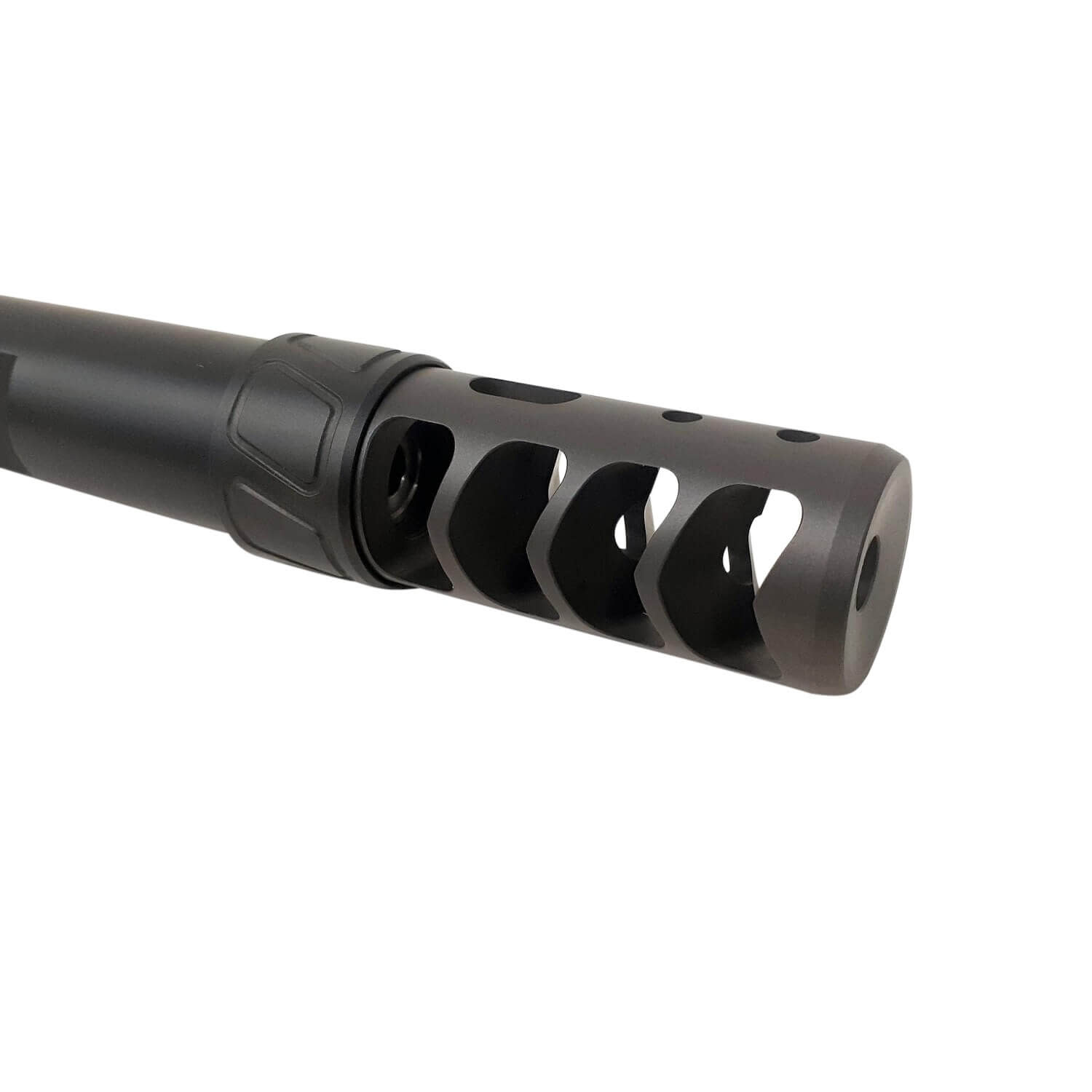 SPEARHEAD MACHINE 4 PORT SELF TIMING MUZZLE BRAKE, 5/8-24, 6.5MM, BLACK NITRIDE
