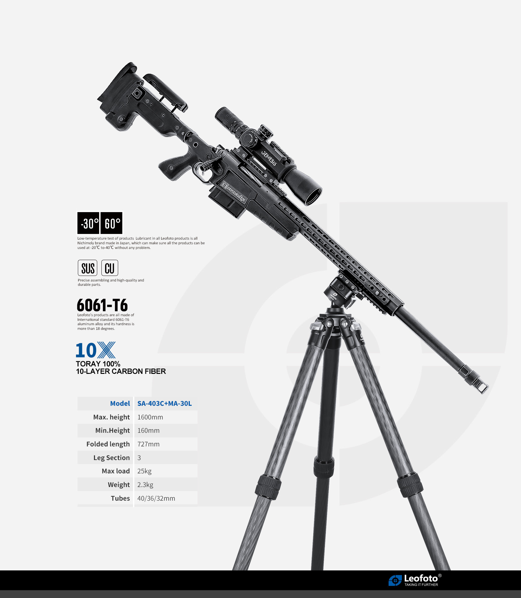 LEOFOTO SA403C CARBON FIBER TRIPOD, W/ MA30L RAPID LOCK BALL HEAD, PICATINNY AND ARCA