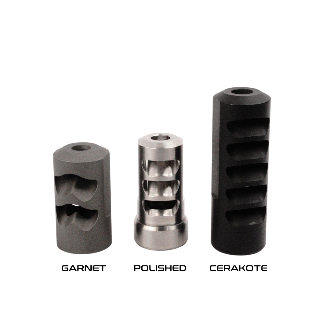 SALMON RIVER SOLUTIONS SRS TI PRO 3 SELF TIMING MUZZLE BRAKE, 30 CAL, 5/8-24, .990", .990" NUT, GARNET BLASTED