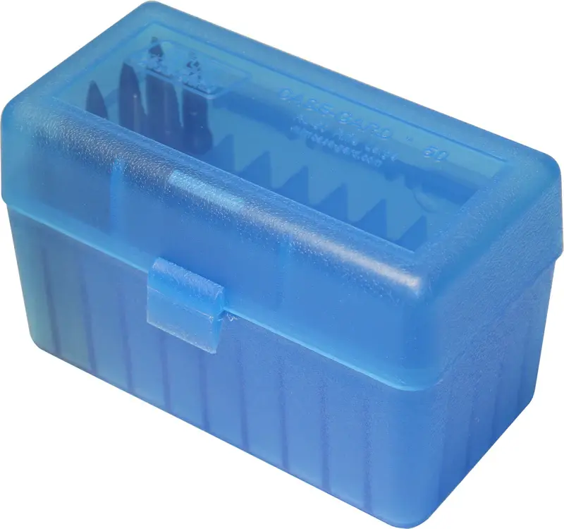 MTM MTM RIFLE FLIPTOP AMMO BOX, SMALL/7.62X39, 50 ROUND, CLEAR BLUE