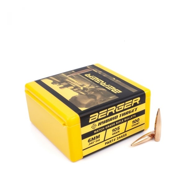 BERGER BERGER MATCH HYBRID TARGET BULLETS, 6MM/.243", 100 PACK