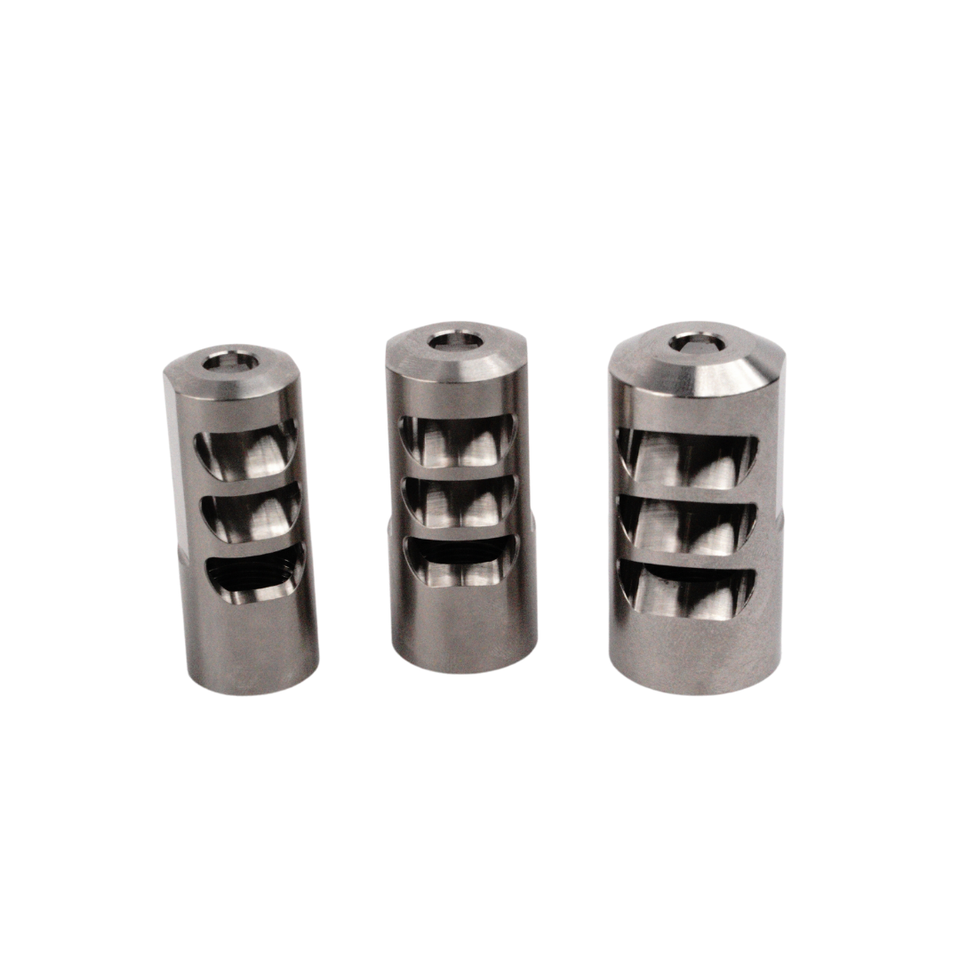 SALMON RIVER SOLUTIONS SRS TI PRO 3 SELF TIMING MUZZLE BRAKE, 6.5MM, 5/8-24, .860", .860" NUT, POLISHED