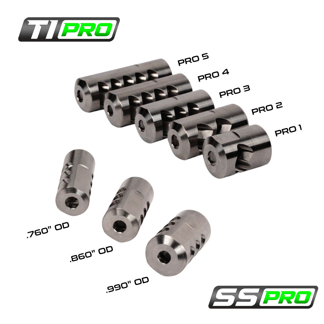 SALMON RIVER SOLUTIONS SRS TI PRO 3 SELF TIMING MUZZLE BRAKE, 6.5MM, 5/8-24, .860", .860" NUT, POLISHED