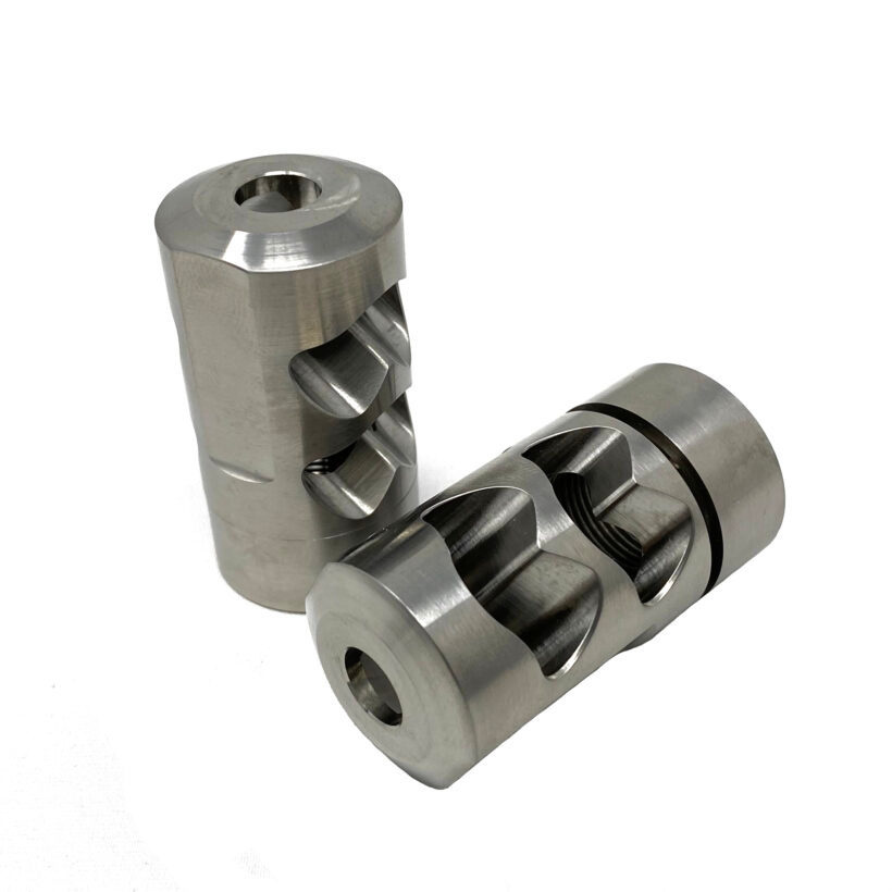 SALMON RIVER SOLUTIONS SRS TI PRO 2 THE 'LIL CHUB SELF TIMING MUZZLEBRAKE, 30 CAL, 5/8-24, .860", .750" NUT, GARNET BLASTED