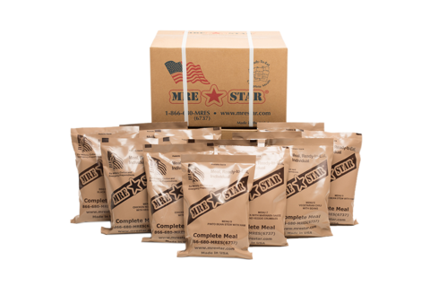 MRE STAR MRE STAR READY TO EAT RATIONS, ASSORTED MEALS, W/ HEATERS, FULL CASE OF 12