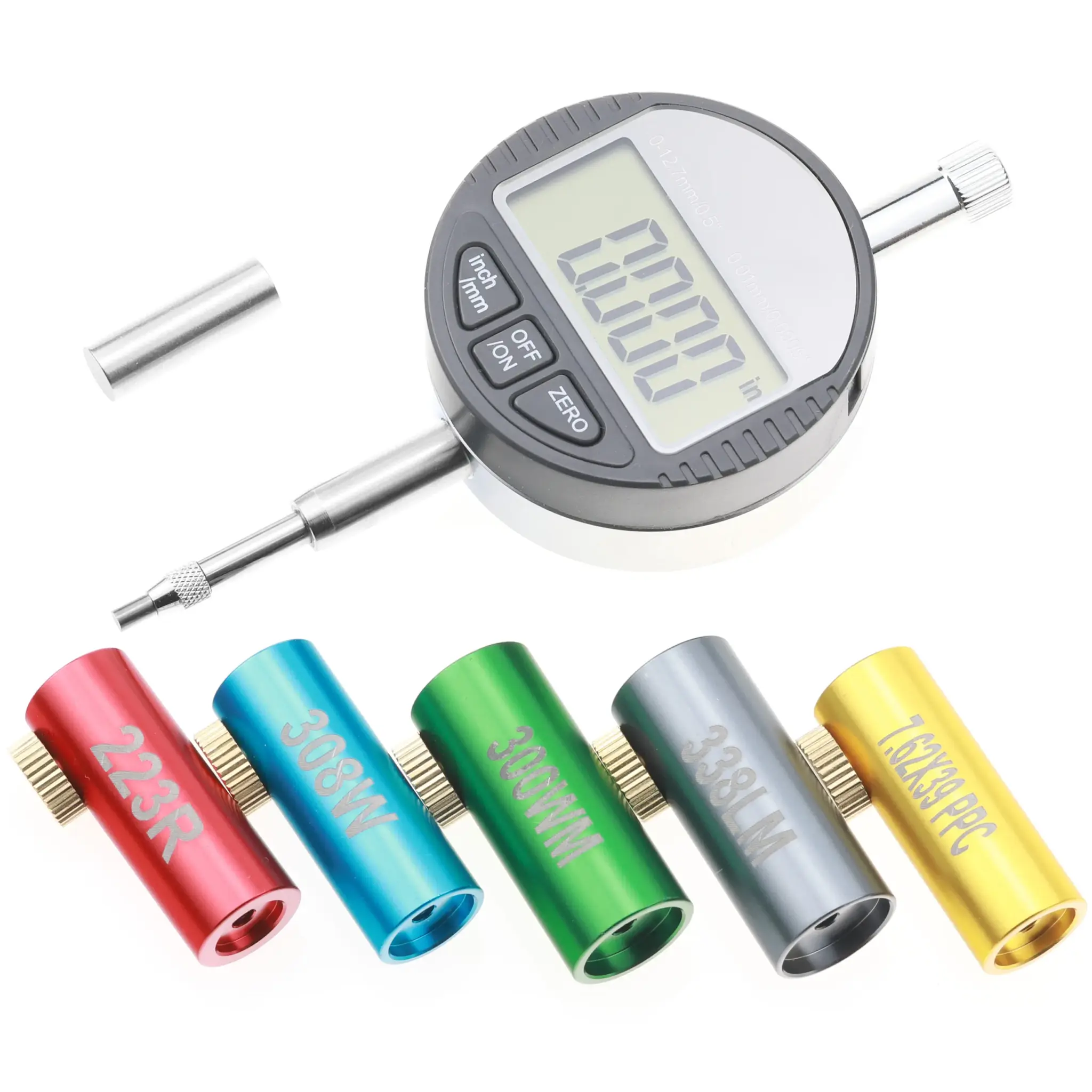 DERRACO ENGINEERING PRIMER DEPTH GAUGE KIT, 5 GAUGES, DIGITIAL DIAL INDICATOR, TUNGSTEN PROBE, & CALIBRATION BLOCK PIN