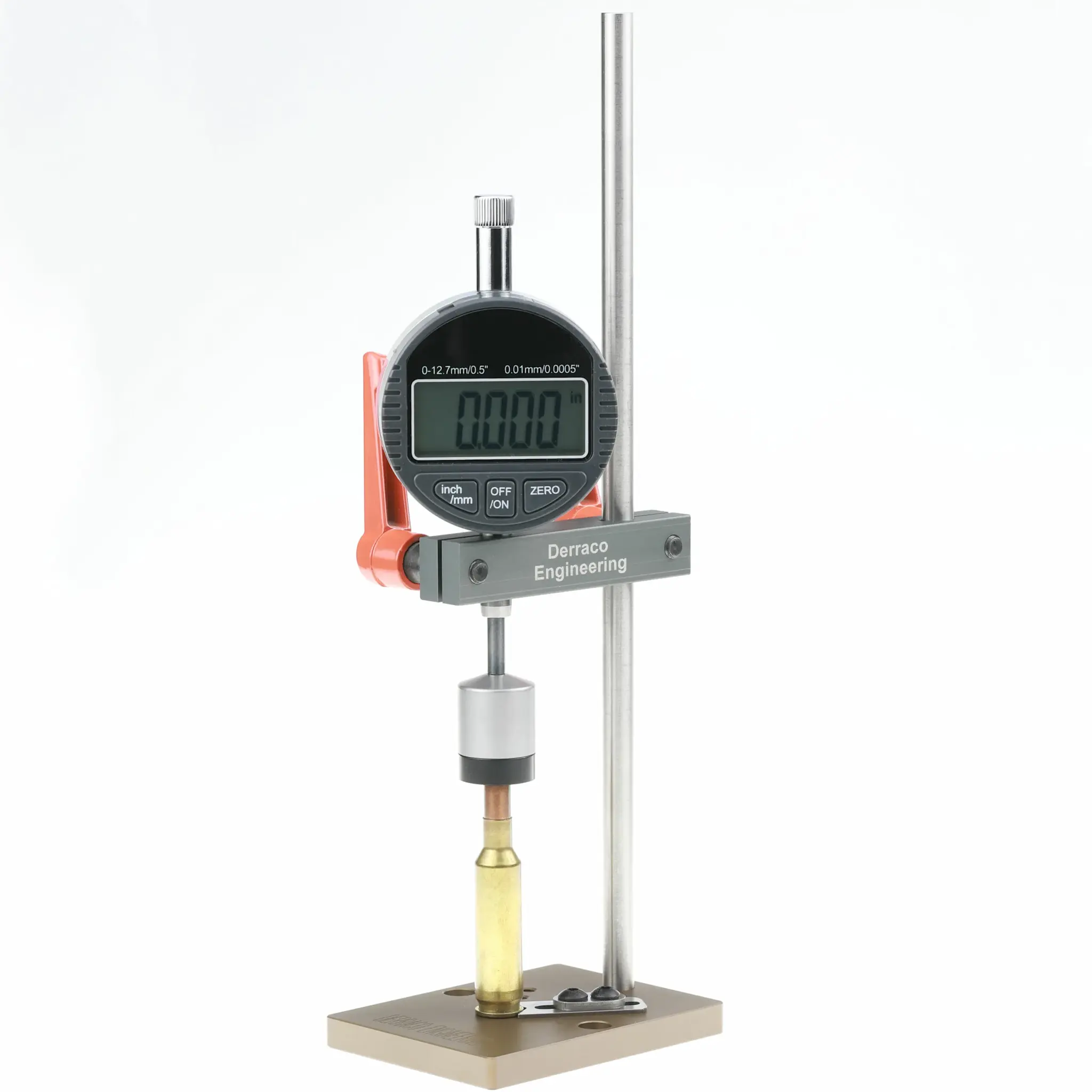 DERRACO ENGINEERING UP-RIGHT BULLET COMPARATOR DIAL STAND, W/ DIGITAL DIAL INDICATOR, REG & ELD BUSHING
