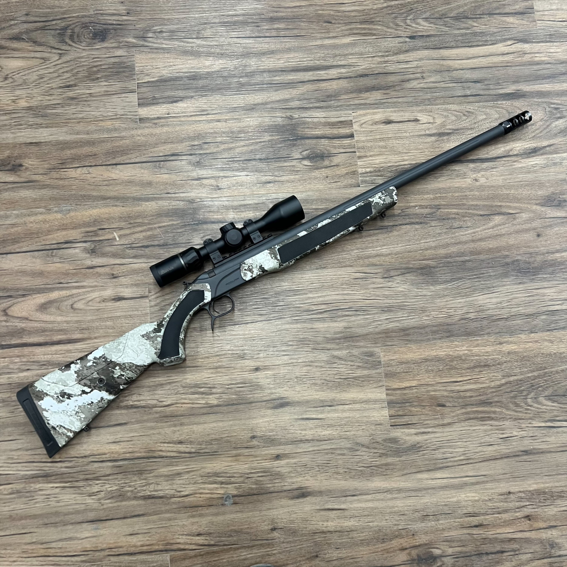 CVA CVA ACCURA MR-X MUZZLELOADER RIFLE, 50 CAL, GREY CERAKOTE, W/ BURRIS FULLFIELD SCOPE, MUZZLE BRAKE, PRE-OWNED