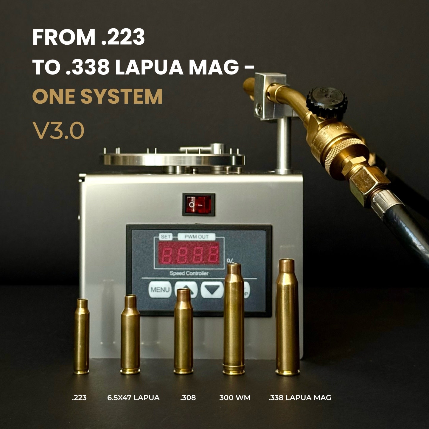 AGS BRASS ANNEALER 3.0, W/ 3 SETS OF INSERTS, 2 TORCH HOLDERS, MARKER HOLDER & POWER SUPPLY