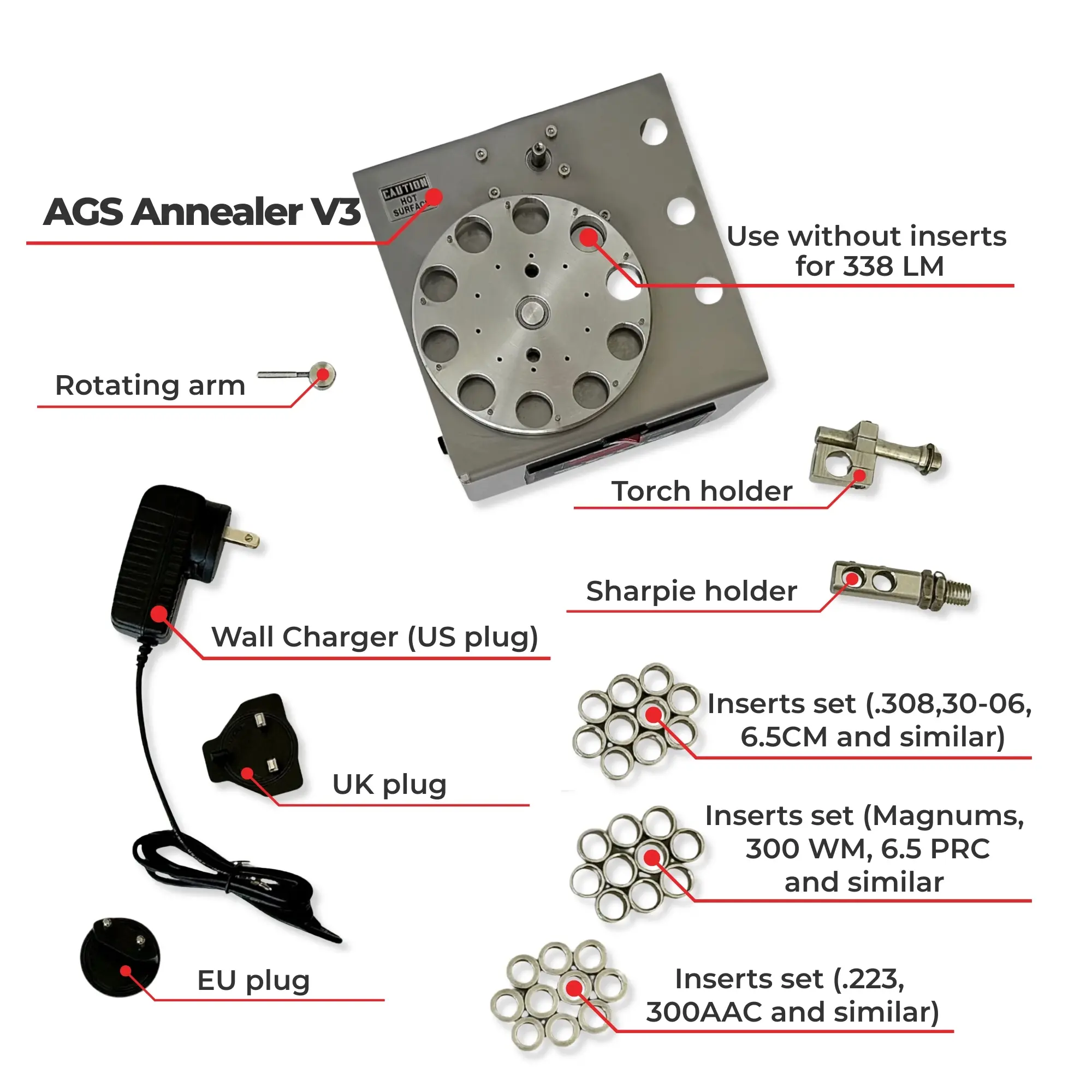 AGS BRASS ANNEALER 3.0, W/ 3 SETS OF INSERTS, 2 TORCH HOLDERS, MARKER HOLDER & POWER SUPPLY