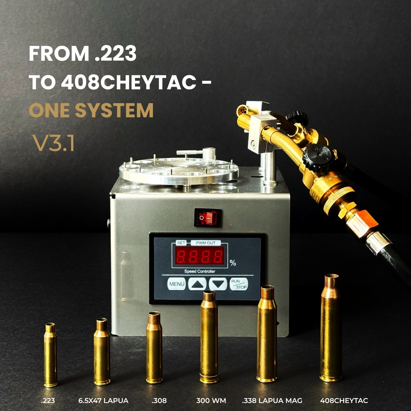 AGS BRASS ANNEALER 3.1, W/ 4 SETS OF INSERTS, 2 TORCH HOLDERS, MARKER HOLDER & POWER SUPPLY