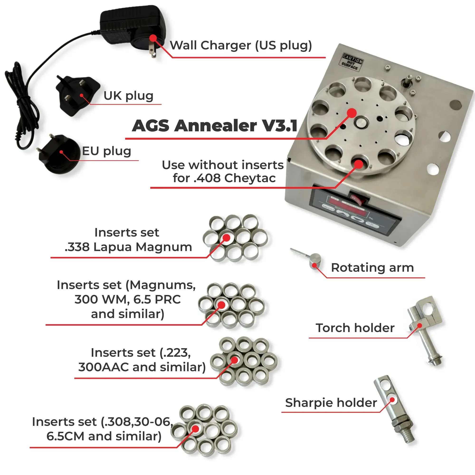 AGS BRASS ANNEALER 3.1, W/ 4 SETS OF INSERTS, 2 TORCH HOLDERS, MARKER HOLDER & POWER SUPPLY