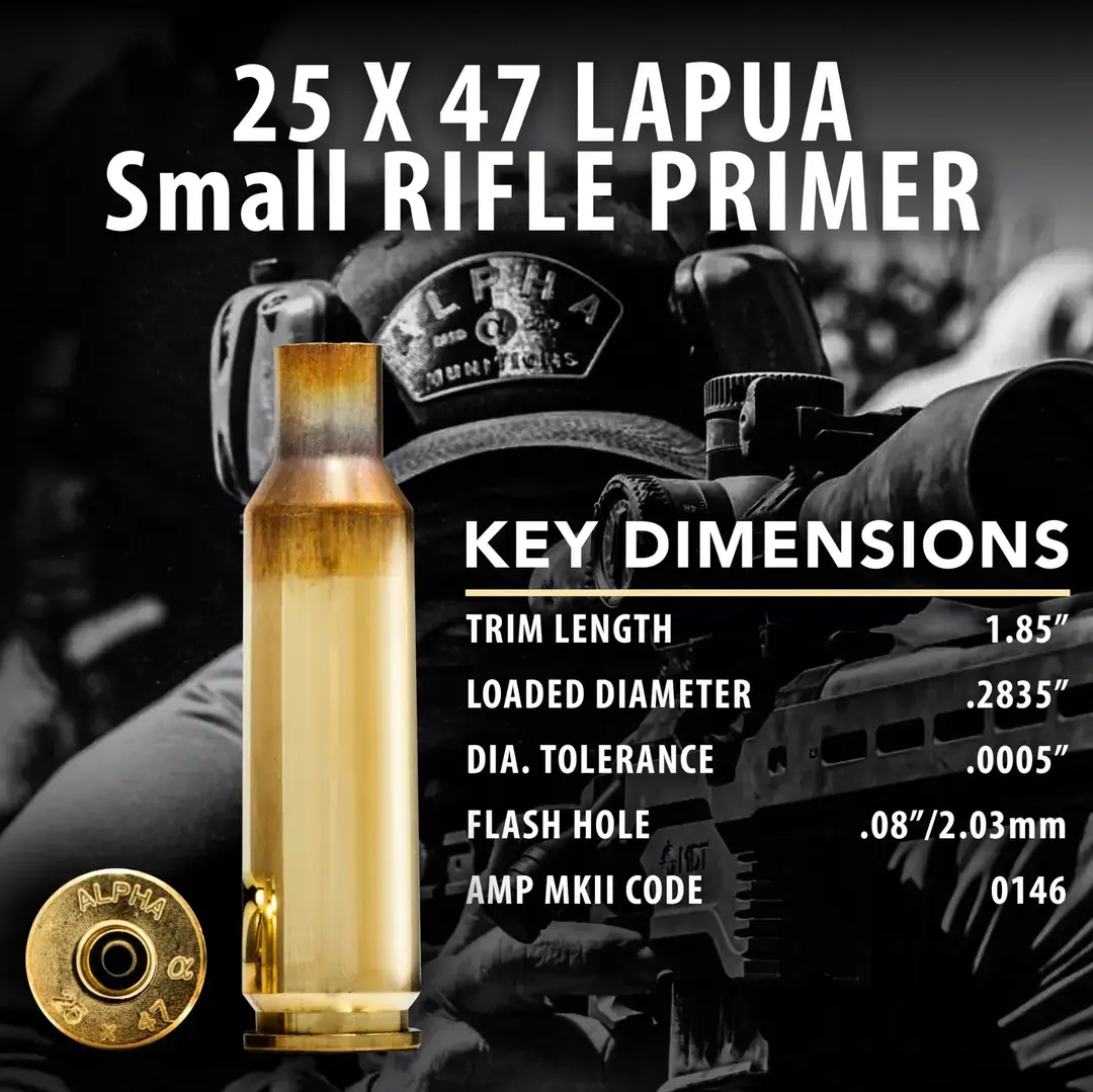 ALPHA MUNITIONS BRASS, 25x47 LAPUA, SRP, 100 COUNT