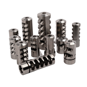 SALMON RIVER SOLUTIONS SRS SS PRO 5 SELF TIMING MUZZLE BRAKE, 6.5MM, 5/8-24, .1.200", .1" NUT, POLISHED