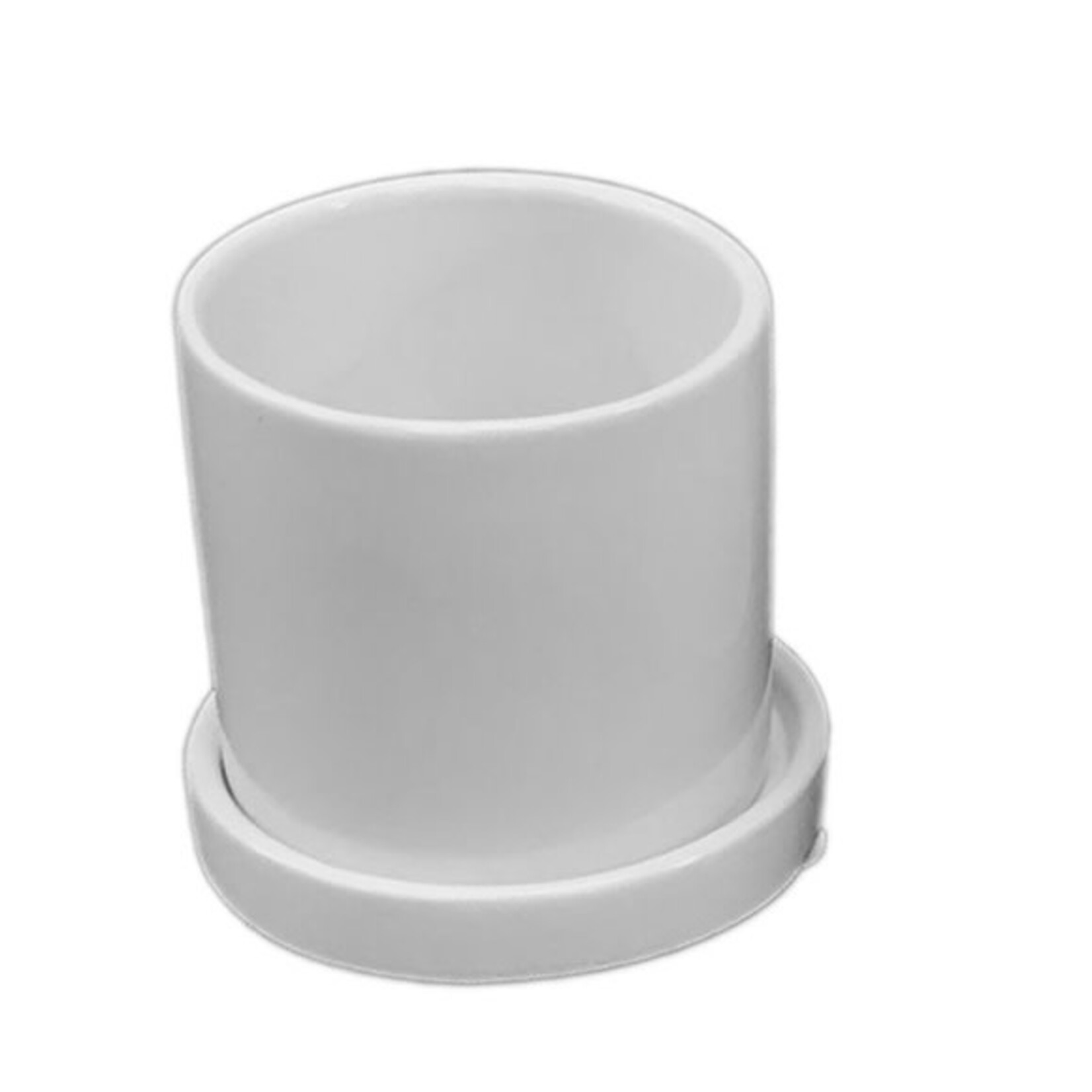 Pot, Gloss White Cylinder w Saucer 3 in