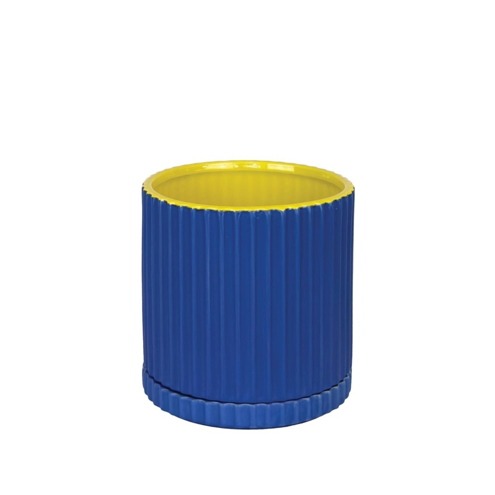 Pot, Caris Blue/Yellow Round w/ Saucer 7.5 in