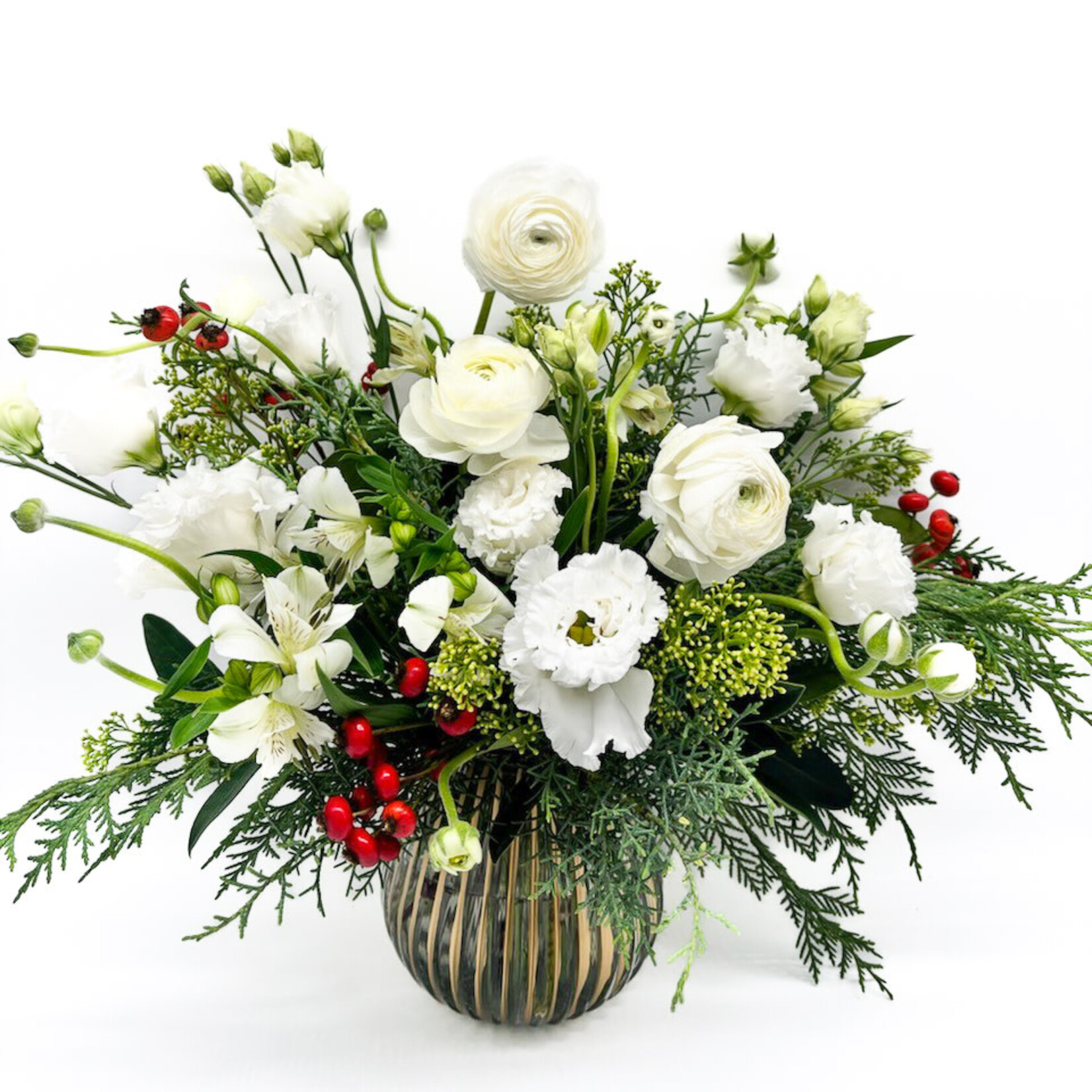 Seasonal Arrangement, All is Bright in Gold Stripe Vase