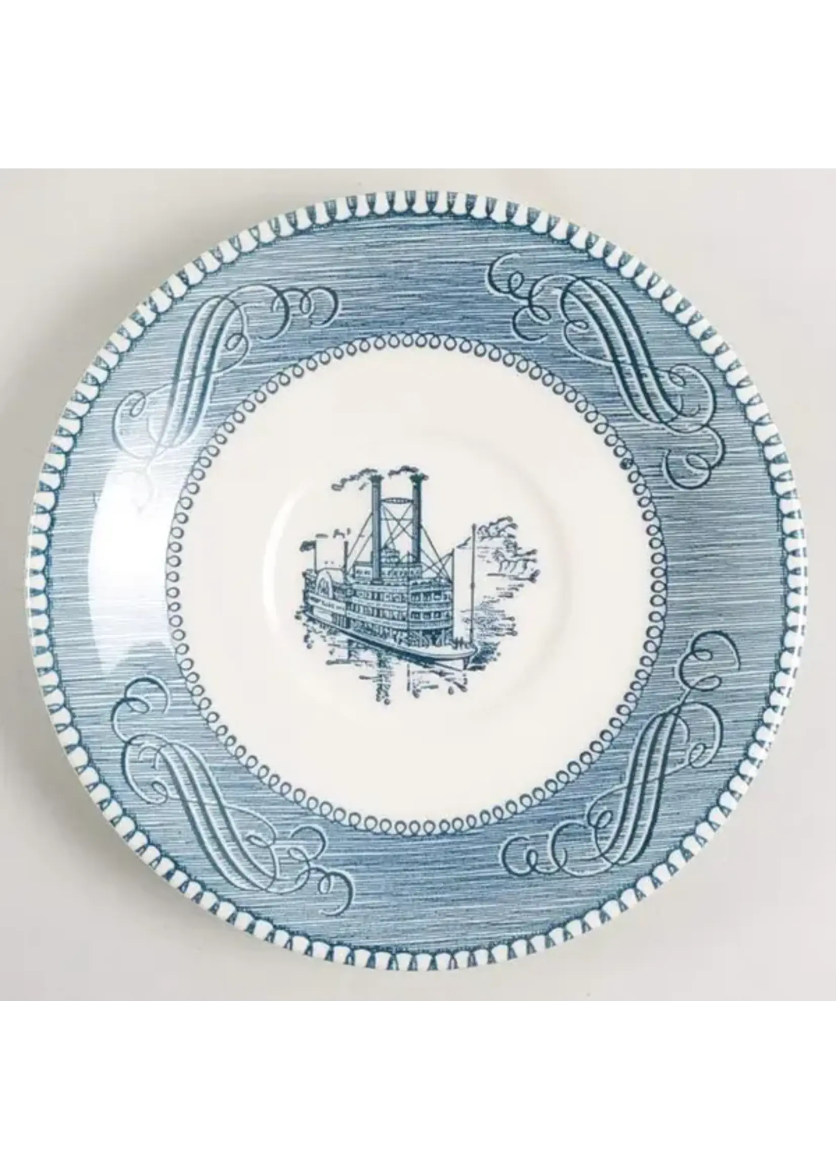 ROYAL USA CURRIER & IVES BLUE SAUCER FOR FLAT CUP  6 1/8"